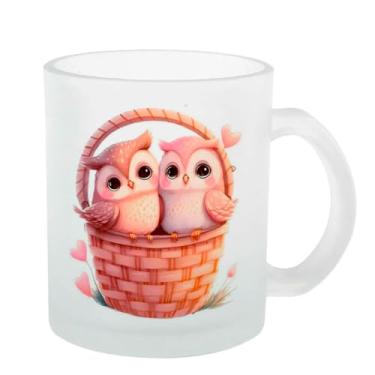 Imagem de Caneca Vidro Jateada Coruja casal cesta coracao rosa