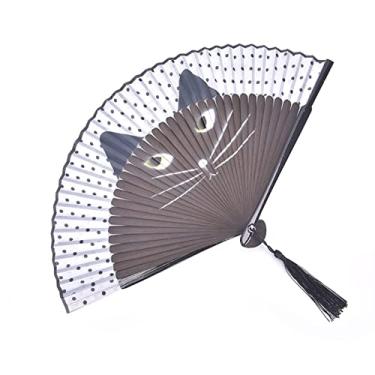 Imagem de Leque dobrável gato desenho animado seda moda estilo japonês leques de mão populares ventiladores dobráveis portáteis nova cabeça de gato pintada com spray vento japonês acessórios decorativos feitos à mão (cor: preto)