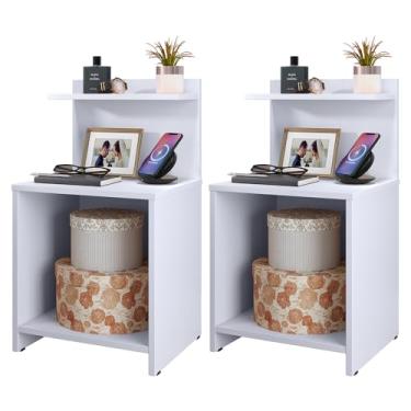 Imagem de Jogo Quarto Casal Kit 2 Mesinhas de Cabeceira Retrô Mesa de Canto Lateral Apoio Nicho Prateleira Organizadora Fantasy - RPM (Branco)