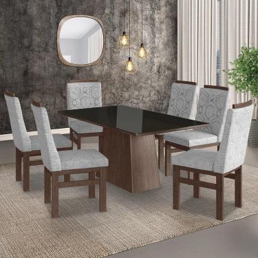 Imagem de Conjunto Sala de Jantar Mesa 90x160cm Tampo Vidro com 6 Cadeiras Madeira Maciça Tecido Linho Zamarch Marrom/Preto