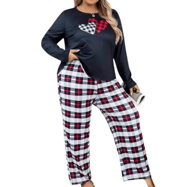 Imagem de SOLY HUX Conjunto de pijama feminino plus size xadrez com estampa de coração camiseta de manga comprida e calça loungewear roupa de dormir, Xadrez multicolorido, 1XL