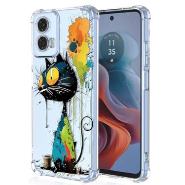 Imagem de XINYEXIN Capa transparente para Motorola Moto G34, fina à prova de choque TPU bumper capa de telefone transparente padrão fofo, arte legal colorida grafite série - gato preto