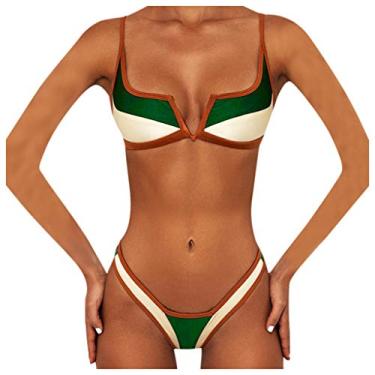 Imagem de Biquíni feminino frente única com 2 peças, cor bloco, cintura baixa, sexy, alças finas, roupa de praia, U#_verde, M