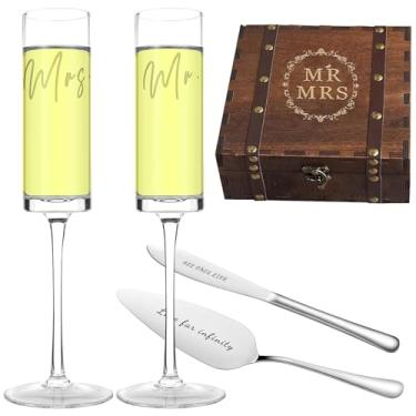 Imagem de Conjunto de faca e servidor de bolo de casamento Mr & Mrs, flautas de champanhe de casamento, taças de champanhe para noiva e noivo, conjunto de corte de bolo para noivado de casamento, presentes para