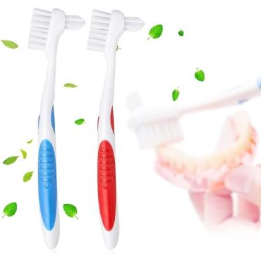 Imagem de Y-Kelin Escova de dentadura com cerdas duras, escova de dentes para dentadura com cabeça dupla e alça de borracha antiderrapante (vermelho + azul, 2 peças)