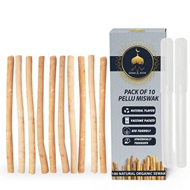 Imagem de Sewak Al Noor Pacote de 10 bastões Miswak para dentes com suporte - Palitos de mastigar com sabor natural selados a vácuo para humanos - Escova de dentes natural para clareamento dental, saúde bucal e
