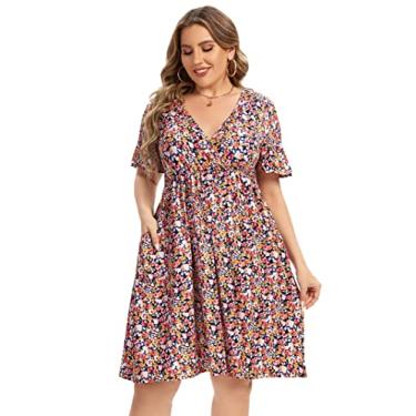 Imagem de ShopWonder Vestido plus size feminino decote em V evasê comprimento até o joelho vestidos rodados plus size evasê vestido de festa, Pinkf, 4G