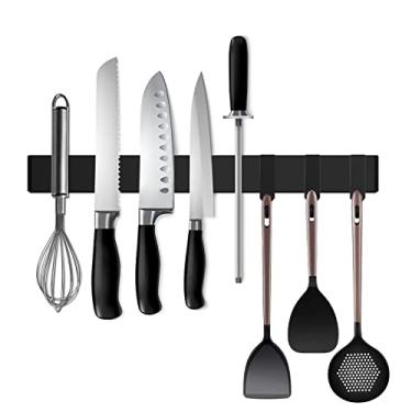 Imagem de Fita magnética preta para geladeira – Suporte magnético de faca de cozinha de aço inoxidável dupla face maior de 43 cm com ganchos para parede/geladeira – Ímã de fita de faca forte/suporte de facas/barra de facas