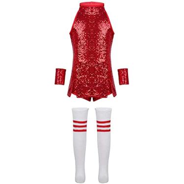 Imagem de KKmeter Roupa infantil de líder de torcida sem mangas, top cropped com saias, uniforme de líder de torcida, uniforme de cosplay (lantejoulas vermelhas, 7-8)