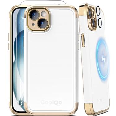 Imagem de COOLQO Capa magnética para iPhone 15, [6 em 1], 2X [protetor de tela + protetores de lente de câmera][proteção de grau militar de 4,5 m], capa de telefone galvanizada à prova de choque, ouro branco