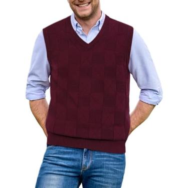 Imagem de EliteSpirit Suéter masculino com gola V, xadrez, sem mangas, suéter de malha casual para negócios, Borgonha, Small