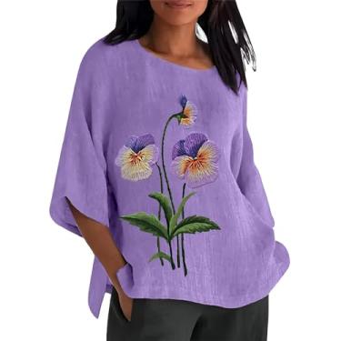 Imagem de Blusa feminina de linho Alzheimer, manga 3/4, roxa, estampa floral, camisetas grandes e soltas, B - Rosa, XXG
