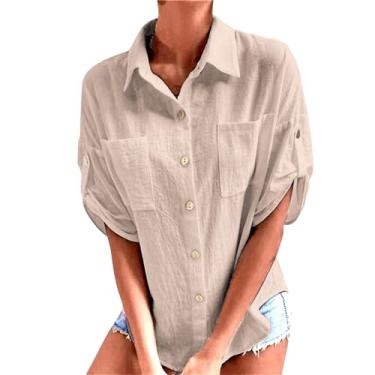 Imagem de Túnica feminina de algodão e linho, estampa da bandeira americana, blusa de manga comprida de 4 de julho, camisetas boêmias de verão, Caqui, P