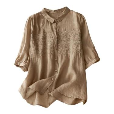 Imagem de Camisetas femininas de algodão e linho para o verão 2024, manga curta, com botões, blusa folgada, Caqui, XG