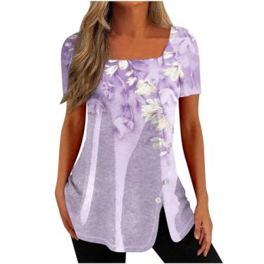 Imagem de Blusa feminina de gola quadrada para o verão 2024 com estampa floral elegante casual de manga curta com botões divididos, Z03 Roxo, M