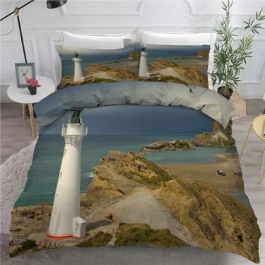 Imagem de Jogo de cama Lighthouse King Seascape Conjunto de 3 peças para decoração de quarto, capa de edredom de microfibra macia 264 x 236 cm e 2 fronhas, com fecho de zíper e laços