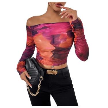 Imagem de Floerns Camisetas femininas tie dye com ombros de fora, manga comprida, franzida, malha transparente, Roxa, GG