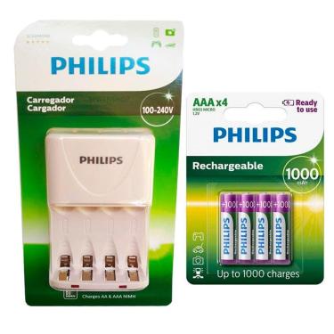 Imagem de Carregador de Pilhas Philips com 4 Pilhas Aaa Palito 1000mAh Recarregáveis RTU Bivolt Inmetro
