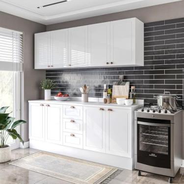 Imagem de Cozinha Pérola com Rodapé e Tampo Aéreos com 5 Portas, Balcão 2 Gavetas 3 Portas e Balcão 2 Portas Y Branco