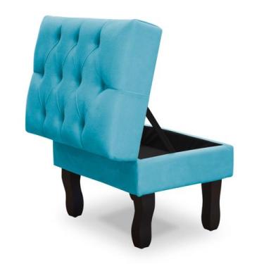 Imagem de Puff Baú Retrô Luis Xv Capitonado, Azul Turquesa Pés De Madeira - SRJ 