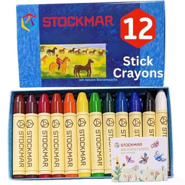 Imagem de STOCKMAR Giz de cera de abelha – Conjunto de 12 gizes de cera jumbo – Não tóxico, cera de abelha para crianças – Waldorf Homeschool – Suprimentos de arte Waldorf – Inclui caixa de armazenamento