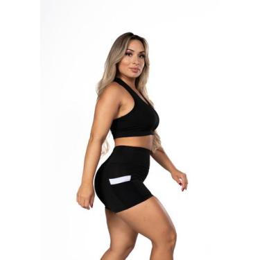 Imagem de Short Fitness com Bolso Branco Cintura Alta Academia Preto - Fristyle,