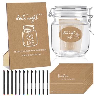 Imagem de DoubleFill 76 peças de decoração de chá de panela, incluindo jogo noturno para recém-casados, placa de jogo noturno com suporte, 60 cartões, 12 canetas, 2 adesivos, pote de desejos de casamento para