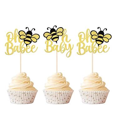 Imagem de Rsstarxi 36 Pack Bee Oh Babee Cupcake Toppers Glitter Bumble Bee Oh Baby Cupcake Picks Baby Shower Cake Decorations for Gender Reveal Baby Shower Kids Boys Girls Birthday Party Supplies Gold