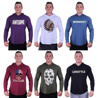 Imagem de Kit 6 Camisetas Manga Longa com Touca Longline Estampada Treino Academia Lazer Casual-Masculino