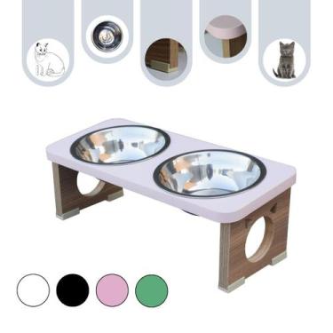 Imagem de Comedouro Gato Pet MDF Elevado Duplo Colors Rose - Inox - Maderacco