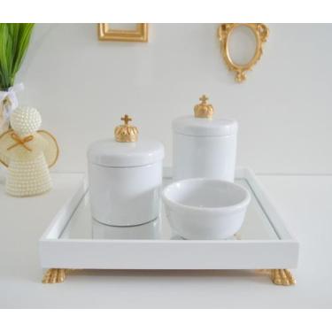 Imagem de Kit Higiene K049 Bandeja MDF Porcelanas Apliques Dourado Quarto Bebê -