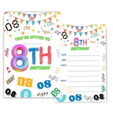 Imagem de Fablus Convites de aniversário de 8 anos para meninos, meninas, convites de festa de aniversário número 8 para convites de oitava festa, 10 x 15 cm, 30 conjuntos com envelopes