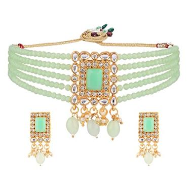 Imagem de Efulgenz Conjunto de colar indiano gargantilha de pérolas falsas com pérolas sintéticas colar de cristal multicamadas maangtikka e brincos pendentes conjunto de joias para mulheres Bollywood tradicional moda bijuteria, Cobre, não conhecido