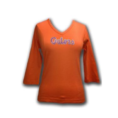 Imagem de NCAA Florida Gators camiseta feminina plus com gola V manga 3/4 pulôver de malha com strass enfeitado com roteiro de jacarés, laranja, GG