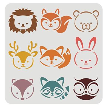 Imagem de FINGERINSPIRE Estêncil de cabeça de animais de 30 x 30 cm, estêncil de raposa de urso leão Sika cervo coelho esquilo coruja padrão reutilizável animais da floresta estêncil para pintura em madeira, piso, parede e azulejo
