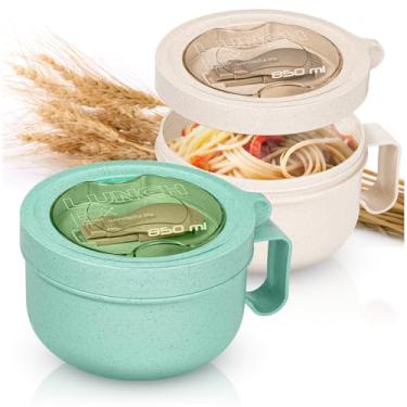 Imagem de MATICAN Canecas de sopa de micro-ondas com tampas, pacote com 2, 825 ml, verde, off-white