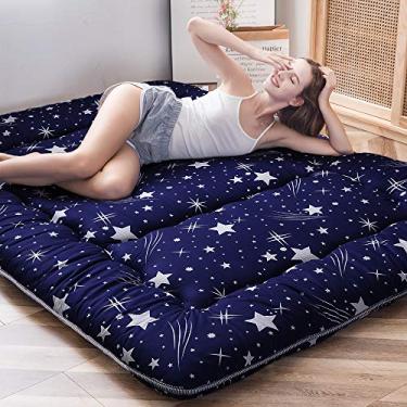 Imagem de MAXYOYO Colchão de futon japonês com céu estrelado marinho, tapete de tatami, almofada de dormir portátil para acampamento, espreguiçadeira dobrável tamanho casal com capa protetora de colchão