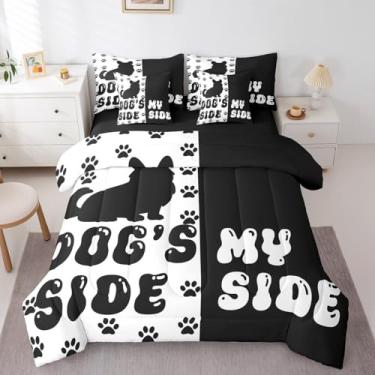 Imagem de Conjunto de edredom casal com estampa de patas de cachorro com desenho animado de cachorro, lado do meu lado, para meninos e meninas, Kawaii Corgi (edredom + lençol de cima + 2 fronhas + 2 fronhas de