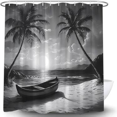 Imagem de Cortina de chuveiro de palmeira tropical preta e branca praia oceano costal à beira-mar paisagem paisagem floresta tropical planta Havaí moderna tecido exótico cortina de banheiro decoração com gancho