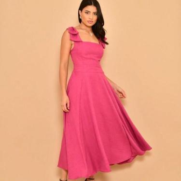 Imagem de Vestido midi luxo liso duna linho com laço na ombr - NoBrand, Fúcsia, 