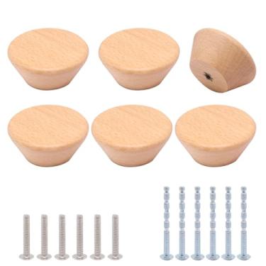 Imagem de YuGtcen Maçanetas de armário de madeira pacote com 6, puxadores de cômoda de madeira para cozinha puxadores de madeira para gavetas de cômoda puxadores grandes de cone (diâmetro 4,5 cm)