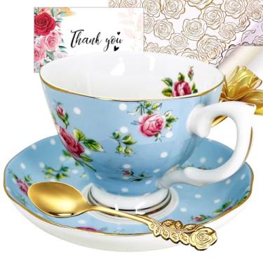 Imagem de Conjunto de xícara de chá e pires para 1, xícaras de chá de porcelana vintage com pires, porcelana, estampa floral bonita, acabamento dourado, bebida, xícaras de café expresso, com alça, presentes