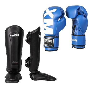 Imagem de Kit Luva de Boxe Maximum Mxm Azul + Caneleira Muay Thai Kickboxing Maximum Classic Preto (LUVA 12OZ + CANELEIRA GG)