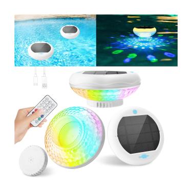 Imagem de QOLNBY Luzes flutuantes solares de cloro para piscina com carregamento USB 3 em 1, IP68 à prova d'água 2600mAh 13 modos de cores, dispensador de cloro ajustável para piscina de 2,5 cm e 7,6 cm para