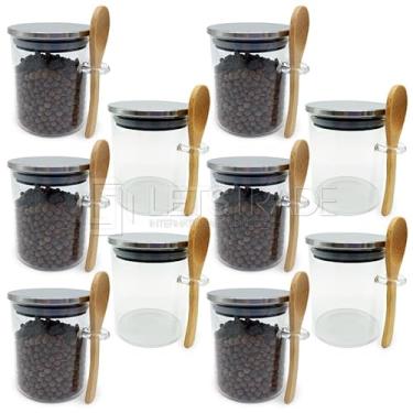 Imagem de 10 Potes de Vidro Borossilicato com Colher de Bambu, 500ml, Tampa de Inox, Conjunto com 10 Unidades
