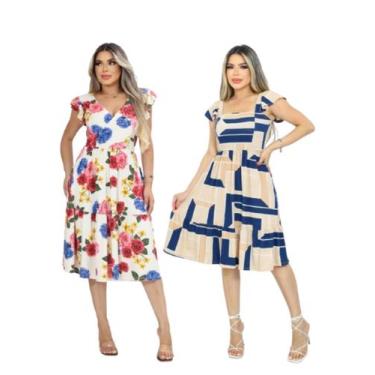 Imagem de Kit 2 Vestido Feminino Midi Manga Curta Evasê Decote Quadrado Babado B