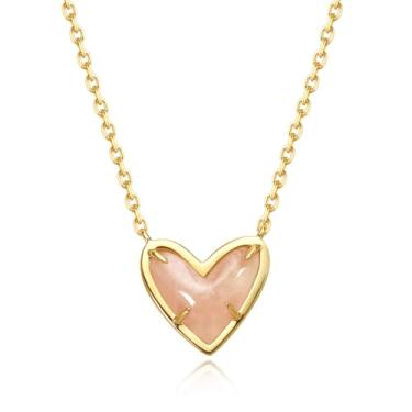 Imagem de G&GEMSJEW Colar de coração de quartzo rosa natural para mulheres banhado a ouro 18 K, presentes de dia das mães para esposa e filha, joia de aniversário dos namorados, Banhado a ouro, Moissanite