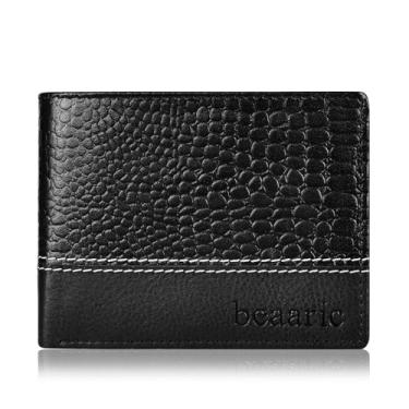Imagem de Carteira masculina de couro – bloqueio RFID, fina e elegante com compartimentos e janela para identidade, carteira masculina dobrável, presente para homens, estampa de crocodilo, Preto, Meio jacaré