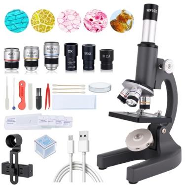 Imagem de Microscópio composto de ampliação cinza 40-2000X para adultos e crianças com slides, luz de preenchimento - adequado para crianças, estudantes, casa, escola, kit de laboratório