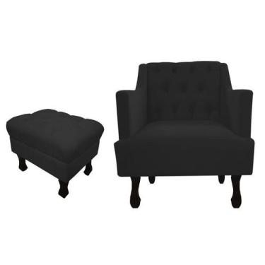 Imagem de Kit Poltrona Decorativa Julia + Puff Luis Xv Couro Preto Pés Madeira M